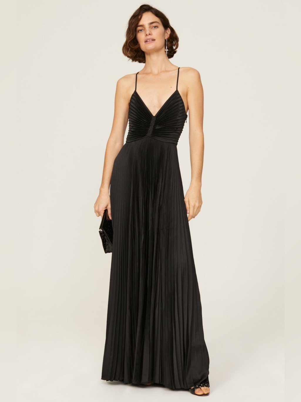 A.L.C. Black Pleated V-Neck Spaghetti-Strap Maxi Dress